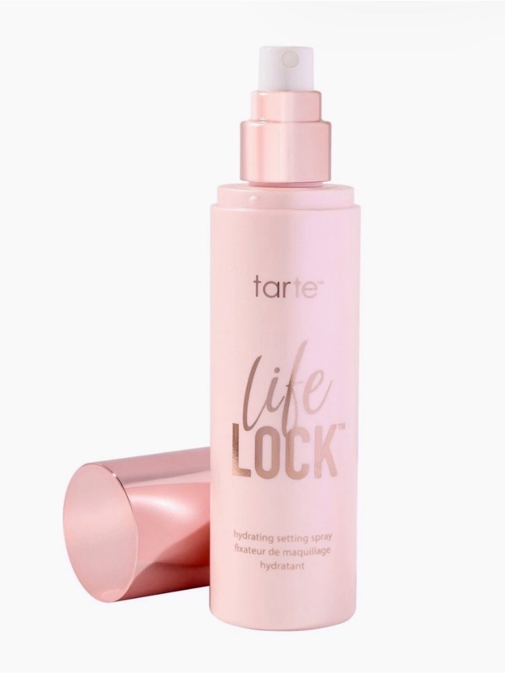 tarte Life Lock Hydrating Setting Spray in Light Pink and Rose Gold